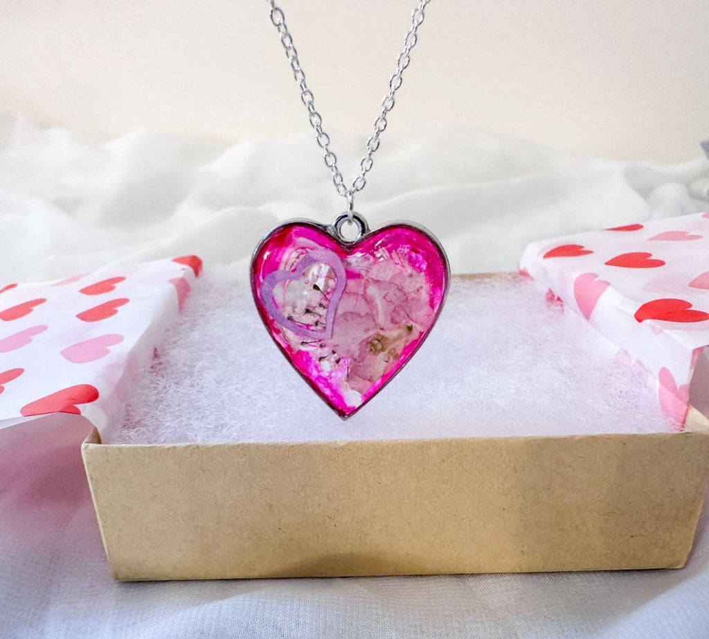 Floral Resin Heart Jewelry Set - Pretty in Pink Flower Necklace Set