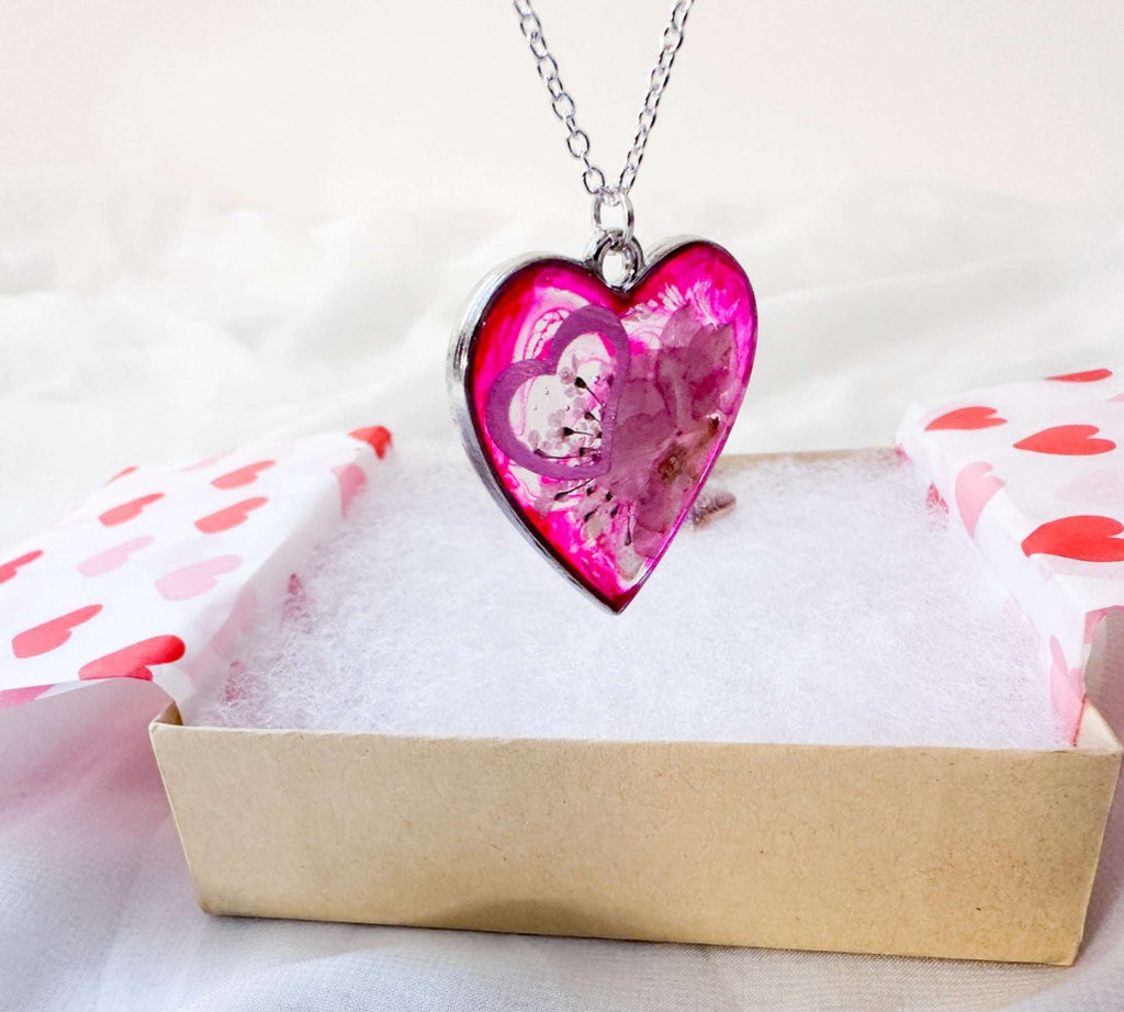 Floral Resin Heart Jewelry Set - Pretty in Pink Flower Necklace Set