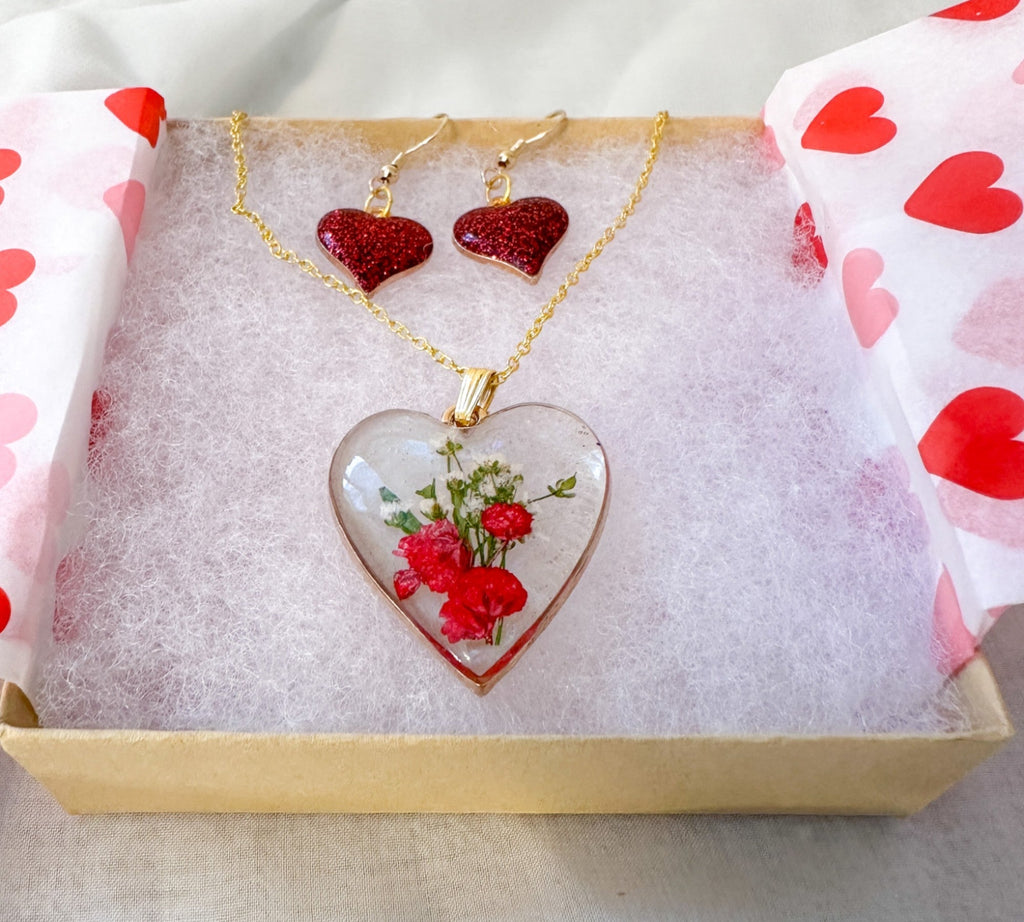 Floral Resin Heart Jewelry Set - Romantic Red Blooms Flower Pendant