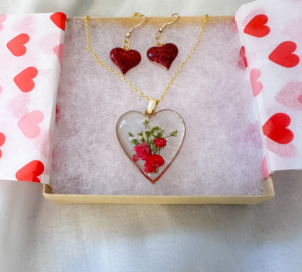 Floral Resin Heart Jewelry Set - Romantic Red Blooms Flower Pendant