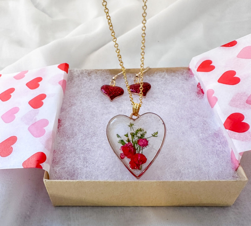 Floral Resin Heart Jewelry Set - Romantic Red Blooms Flower Pendant