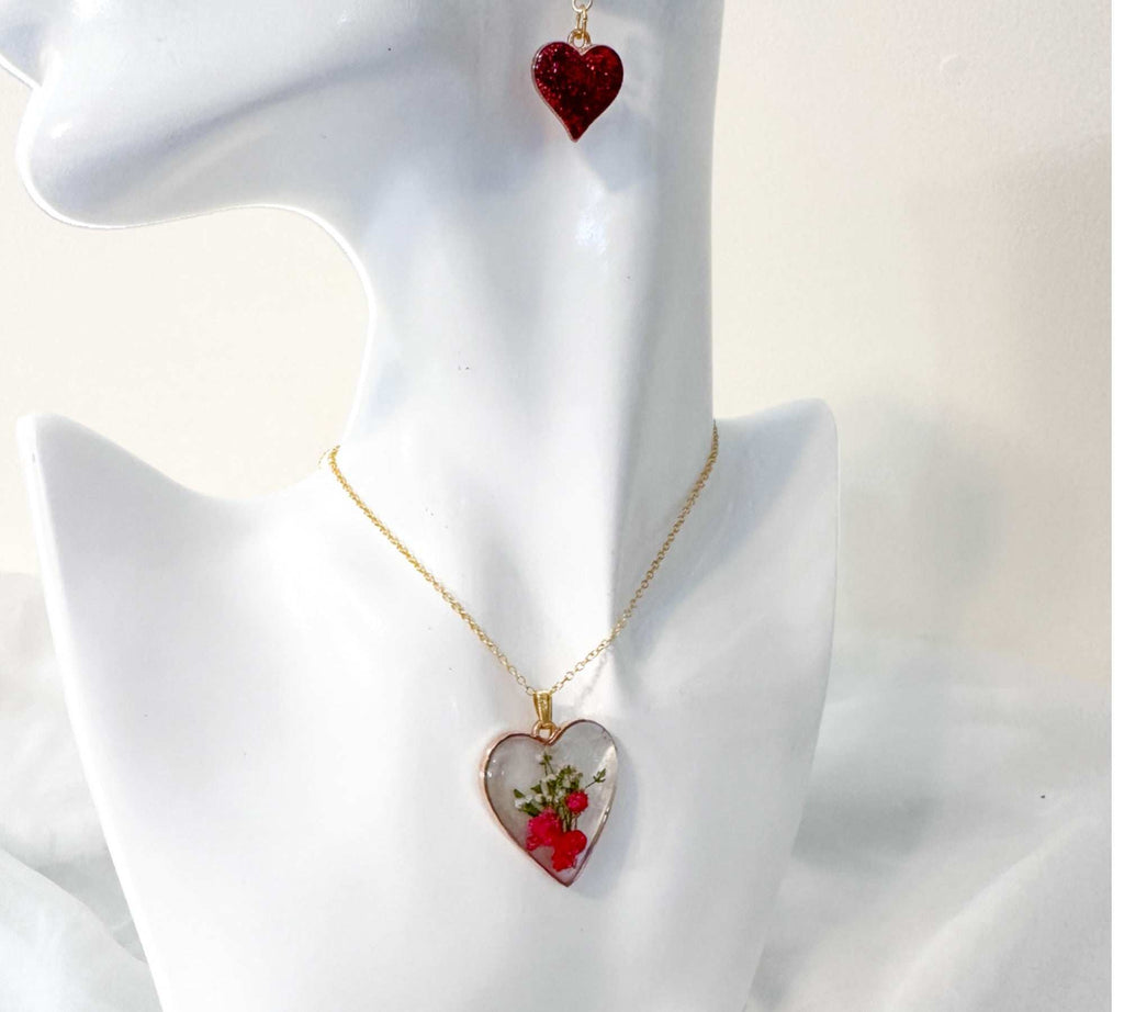 Floral Resin Heart Jewelry Set - Romantic Red Blooms Flower Pendant