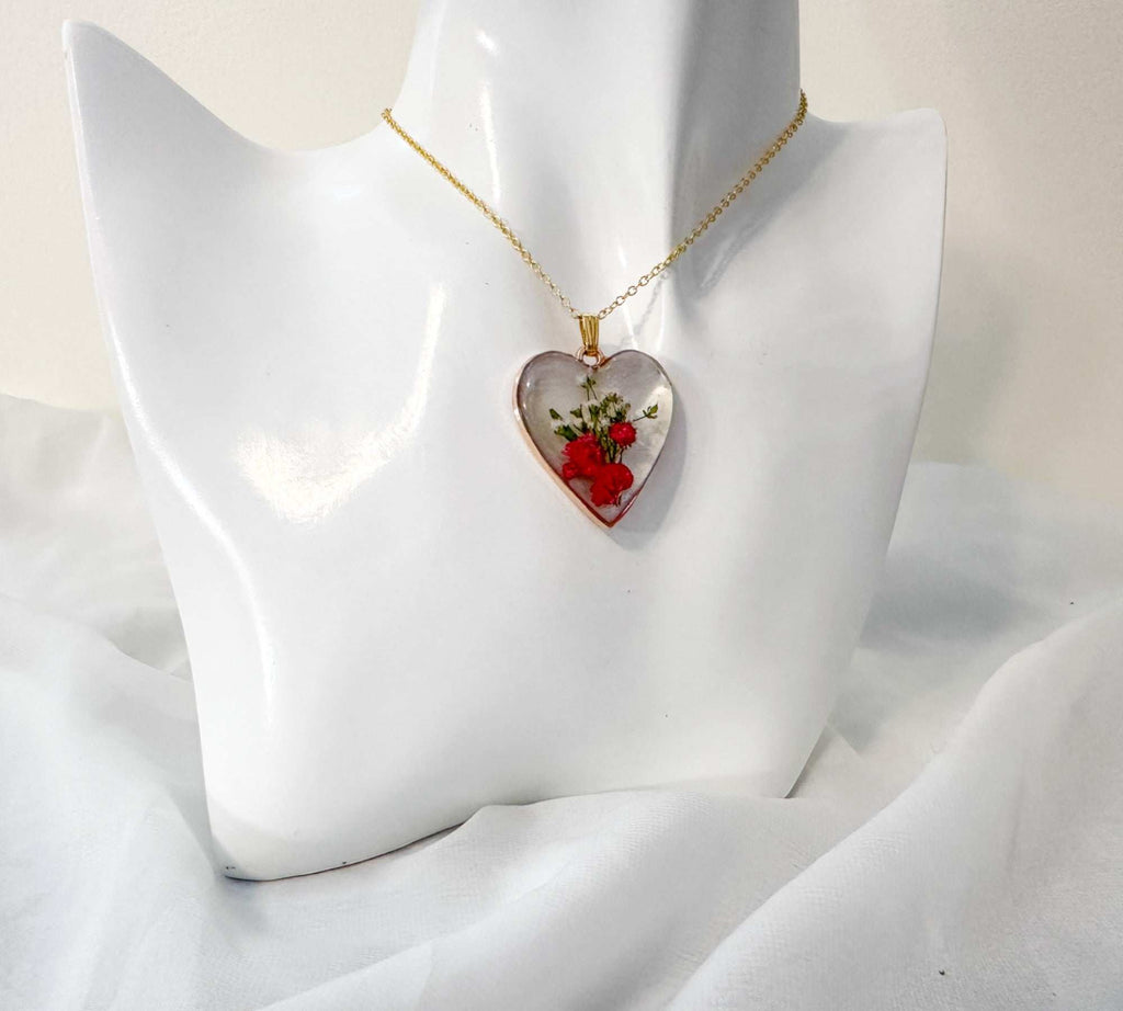 Floral Resin Heart Jewelry Set - Romantic Red Blooms Flower Pendant