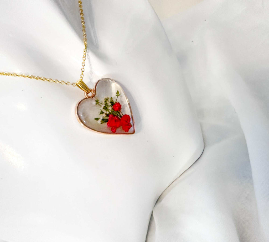 Floral Resin Heart Jewelry Set - Romantic Red Blooms Flower Pendant
