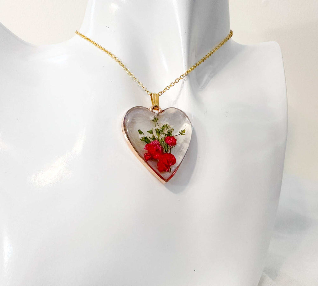 Floral Resin Heart Jewelry Set - Romantic Red Blooms Flower Pendant