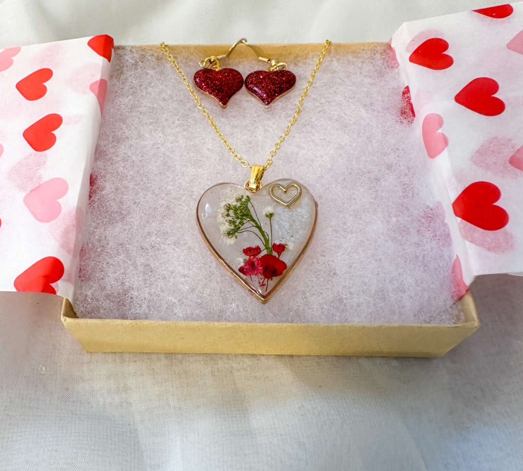 Floral Resin Heart Jewelry Set - Romantic Red Blooms Flower Pendant
