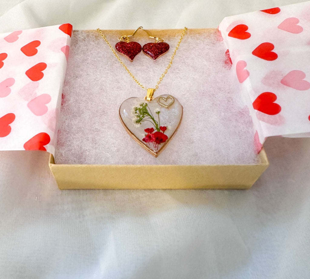 Floral Resin Heart Jewelry Set - Romantic Red Blooms Flower Pendant