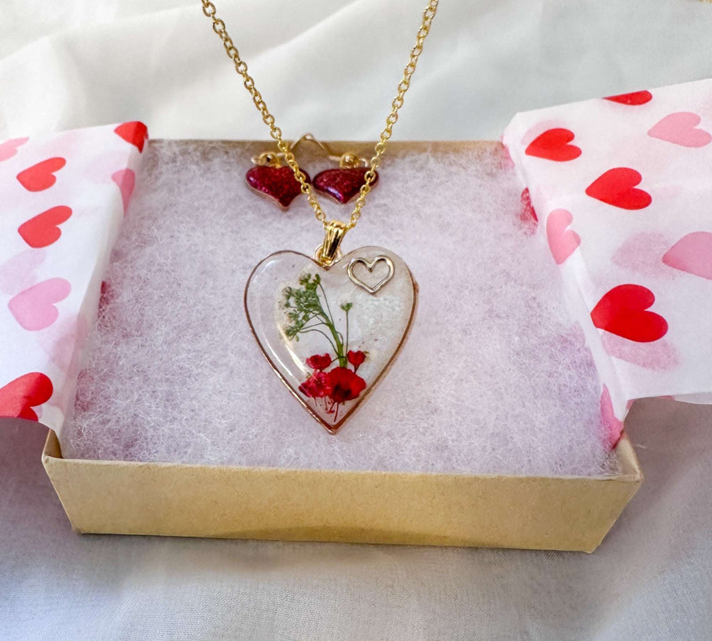 Floral Resin Heart Jewelry Set - Romantic Red Blooms Flower Pendant