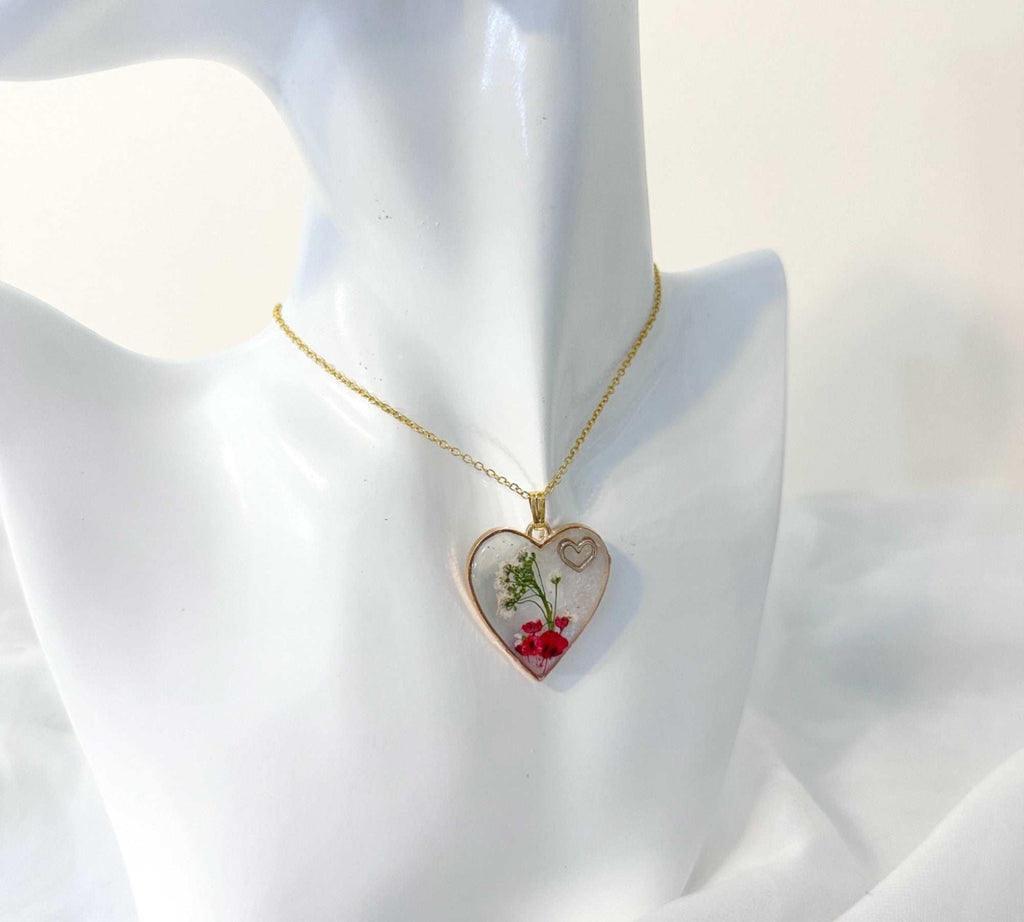 Floral Resin Heart Jewelry Set - Romantic Red Blooms Flower Pendant