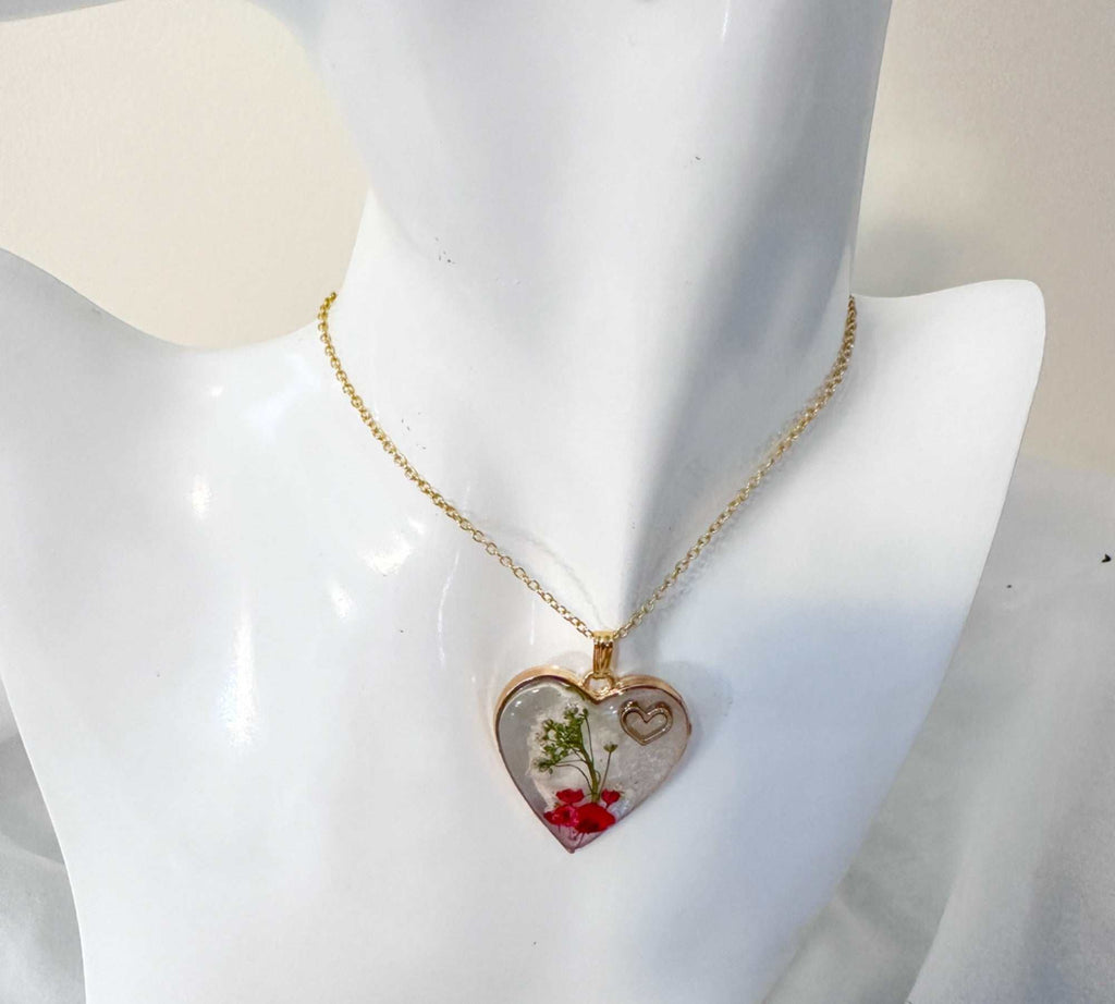 Floral Resin Heart Jewelry Set - Romantic Red Blooms Flower Pendant