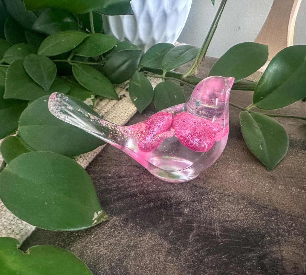 Lovebird Sparkle Figurines - Pink Heart Resin Bird - Handmade Charm