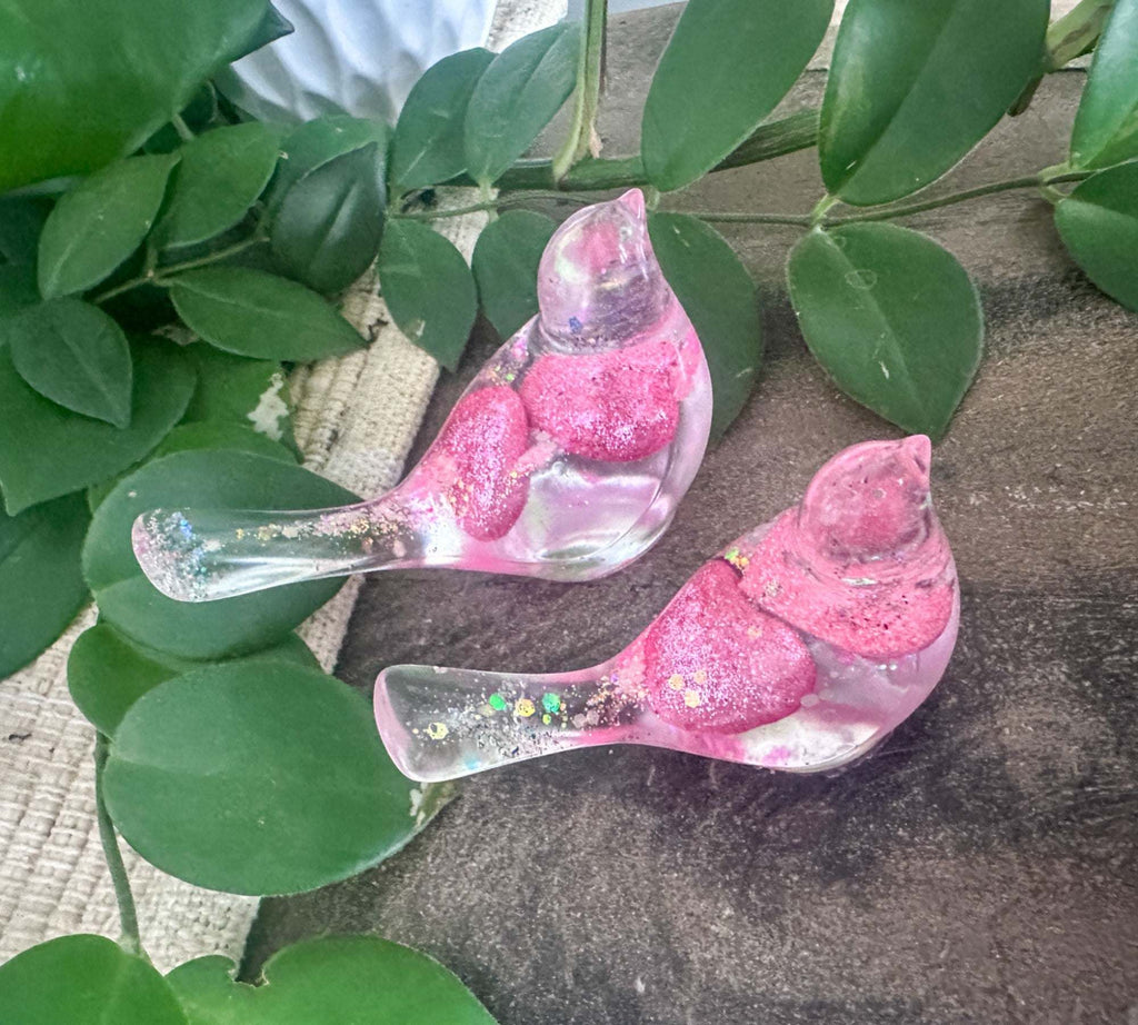 Lovebird Sparkle Figurines - Pink Heart Resin Bird - Handmade Charm