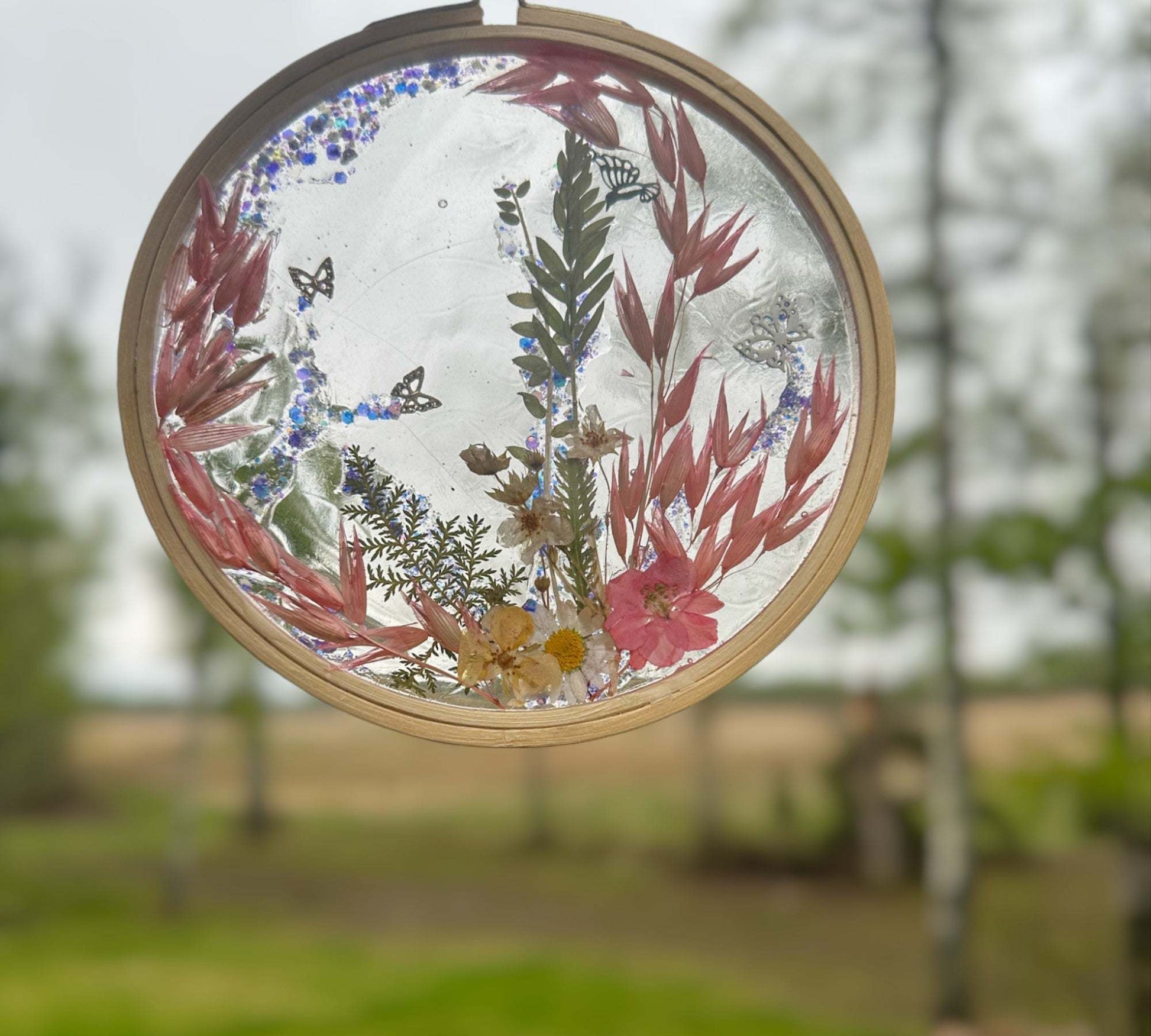 Attrape-soleil de jardin Pretty in Pink - Fait main avec de vraies fleurs séchées