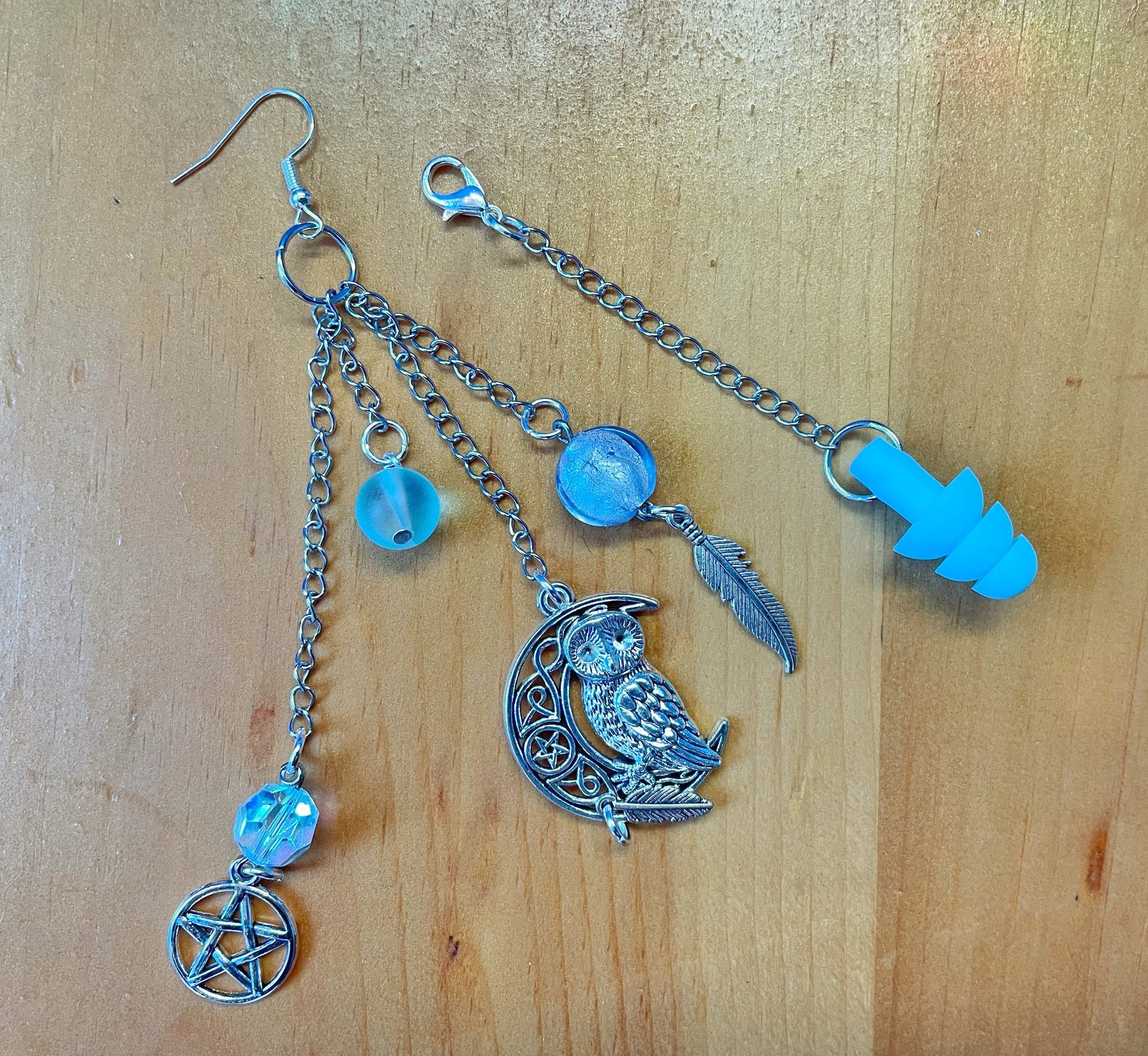 Light Blue Crescent moon with Owl and Pentacle Sensory Ear Plug Earrings