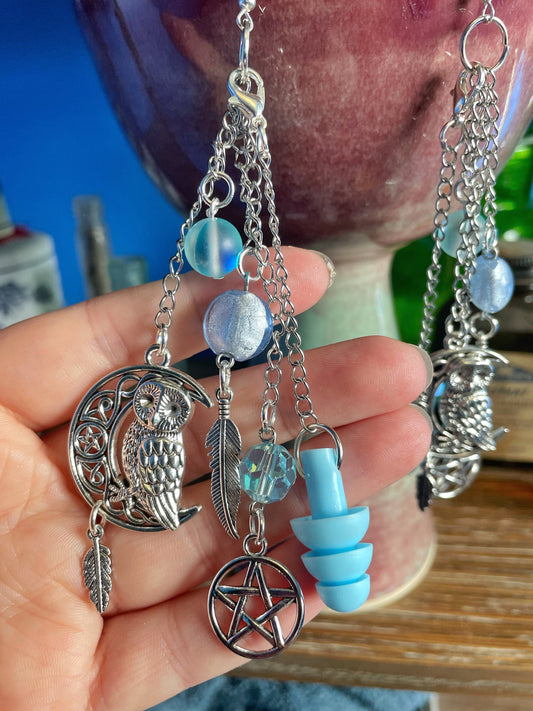 Light Blue Crescent moon with Owl and Pentacle Sensory Ear Plug Earrings