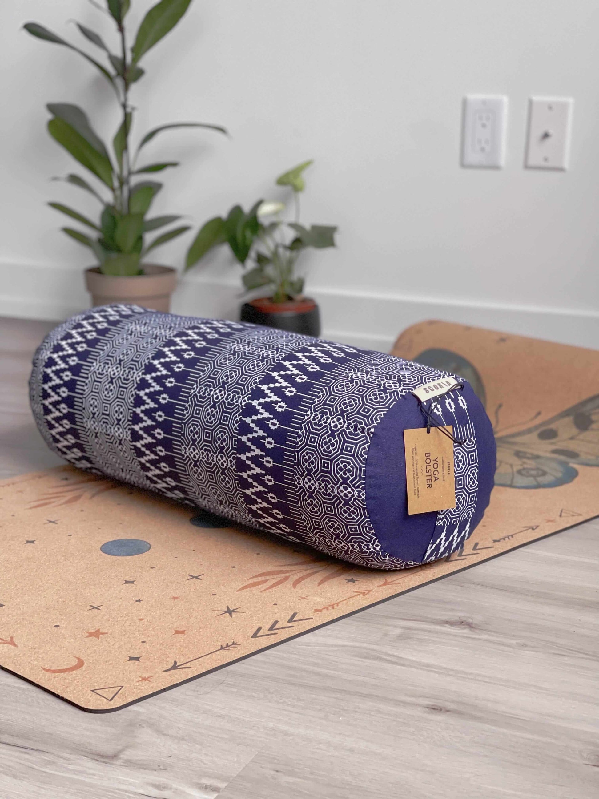 Round Yoga Bolster | Natural & Organic | Navy Print