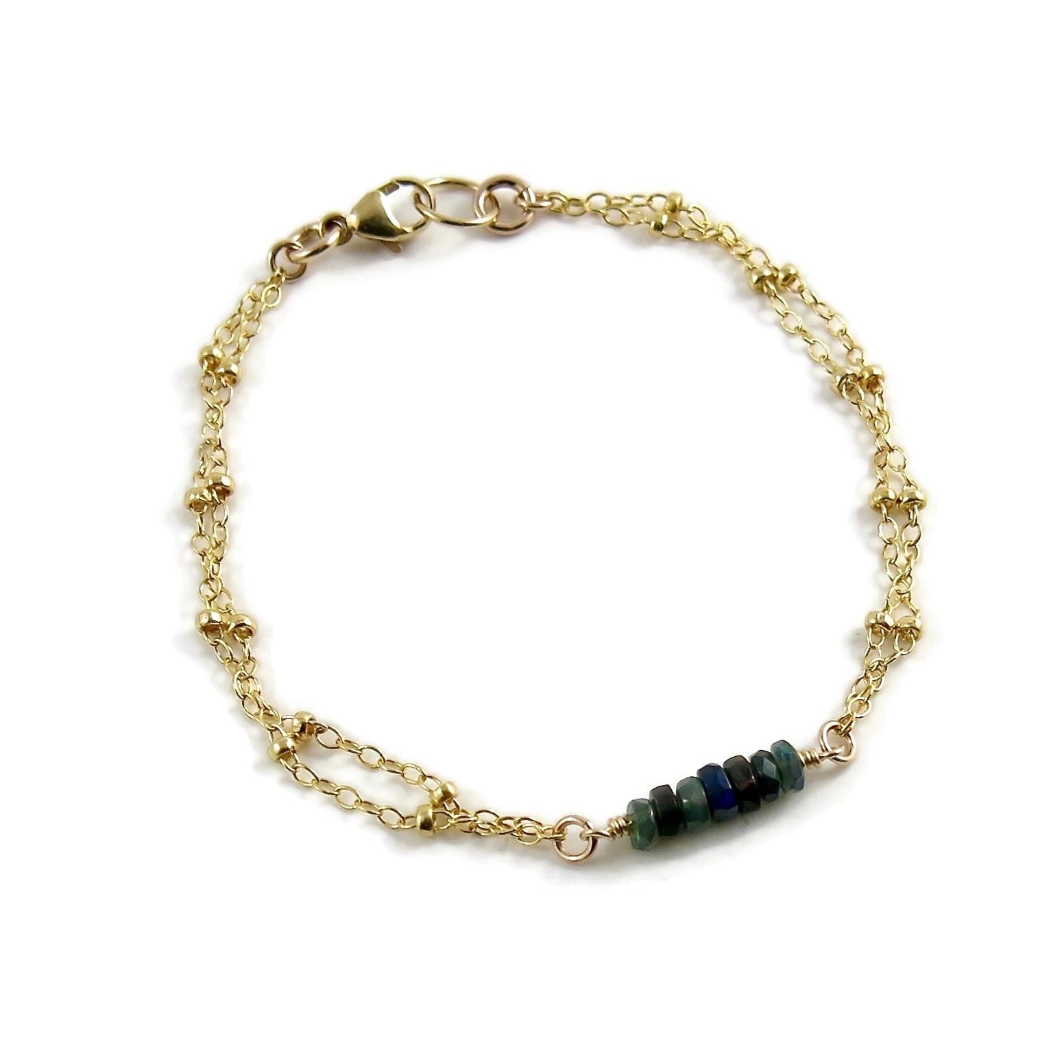 Bracelet chaîne satellite à double brin en or avec opale noire • Chaîne en or rempli 14 carats