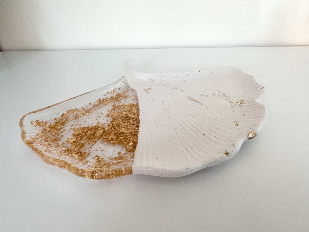 Plateau Fusion Ginkgo Doré - Plateau Feuille Fait Main en Résine et Pierre