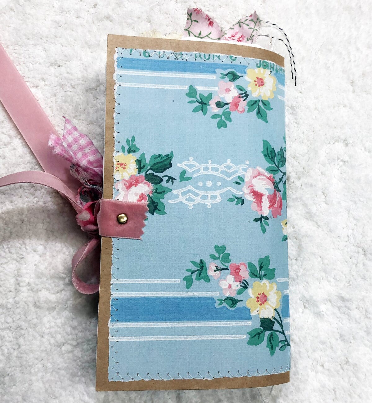 Whimsical Shabby Junk Journal- Pink and Blue Floral with White Eyelet Lace & Pink Roses