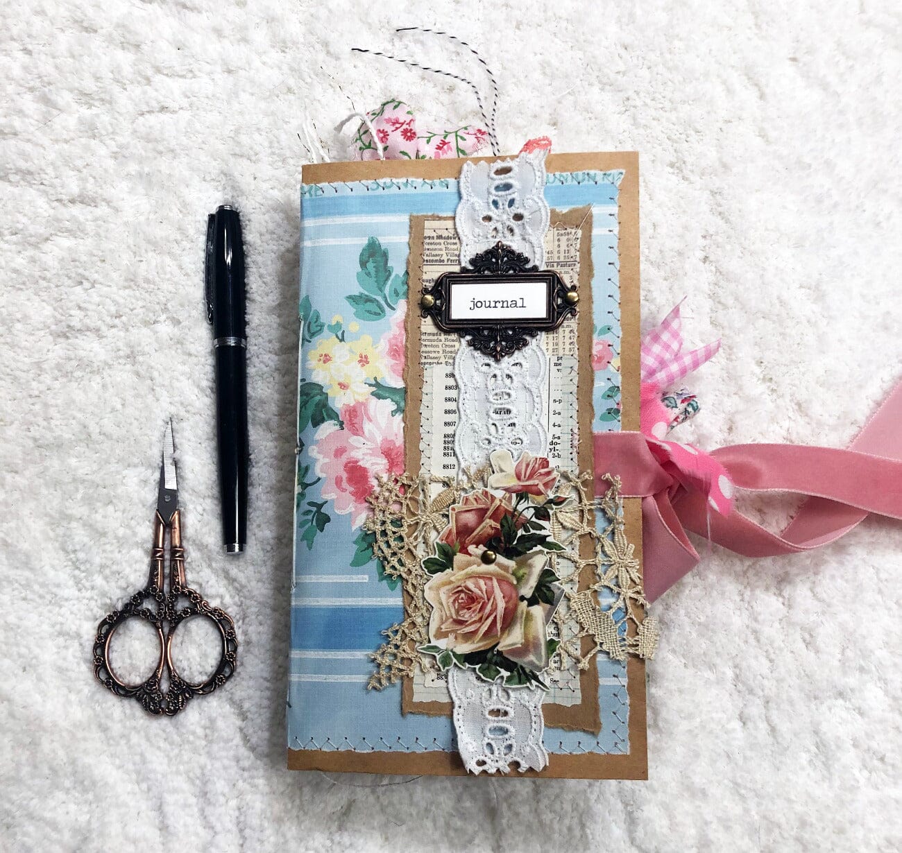 Whimsical Shabby Junk Journal- Pink and Blue Floral with White Eyelet Lace & Pink Roses