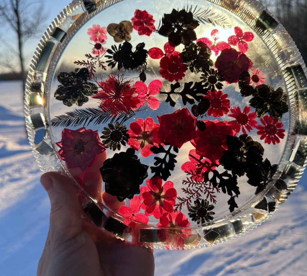 Plateau en résine Midnight Bloom - Décor artisanal en fleurs pressées