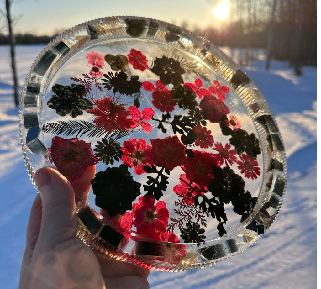 Plateau en résine Midnight Bloom - Décor artisanal en fleurs pressées