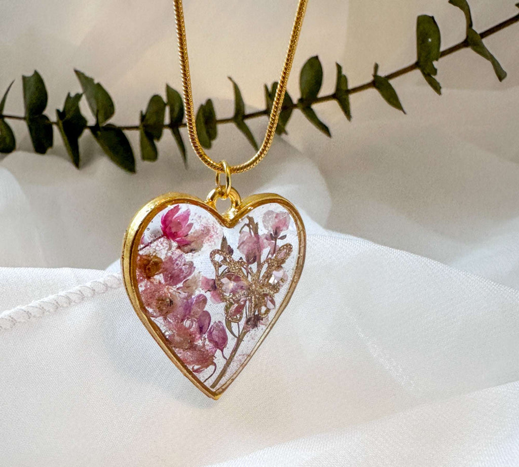 Whispering Hearts  – Handmade Botanical Resin Butterfly Necklace