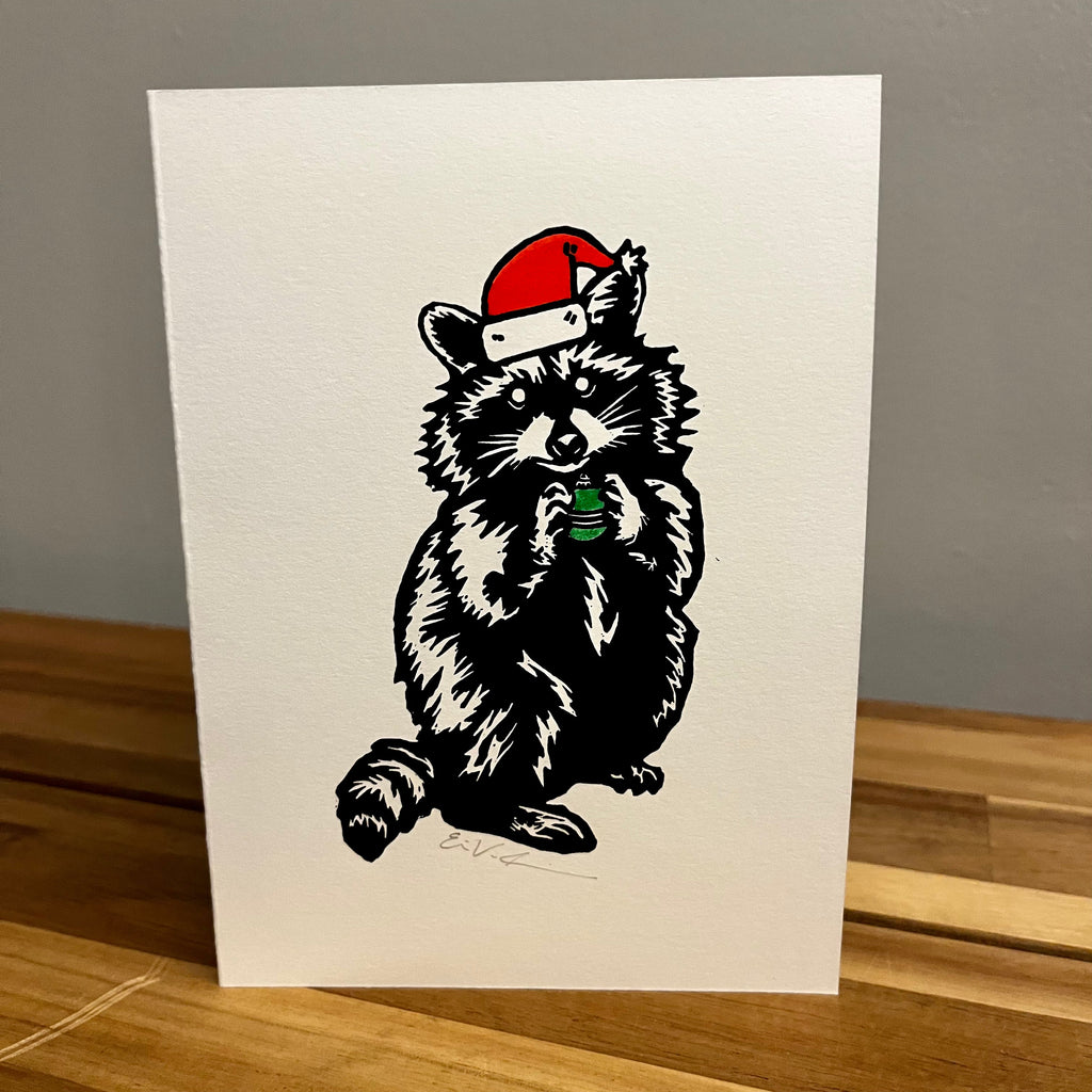 Pascal the Holiday Raccoon | Greeting Card | LINOCUT CARD