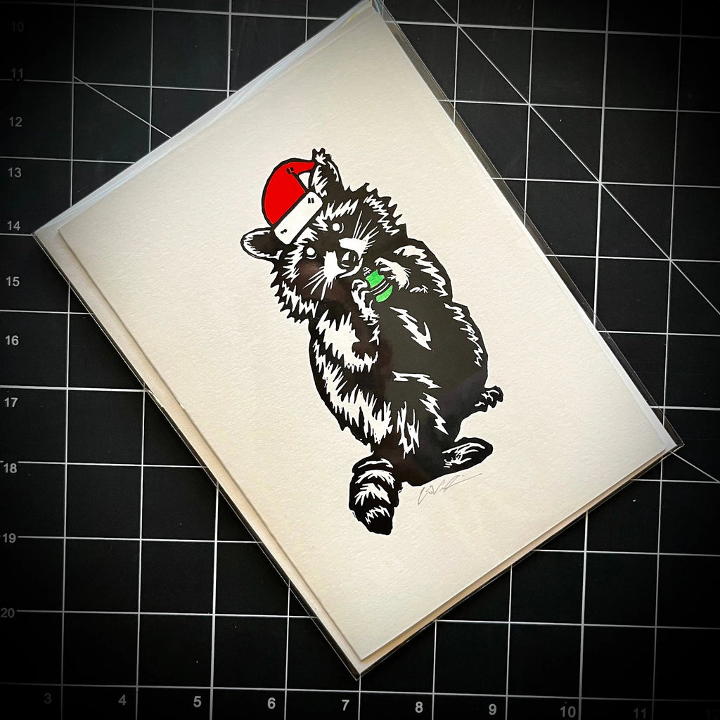 Pascal the Holiday Raccoon | Greeting Card | LINOCUT CARD