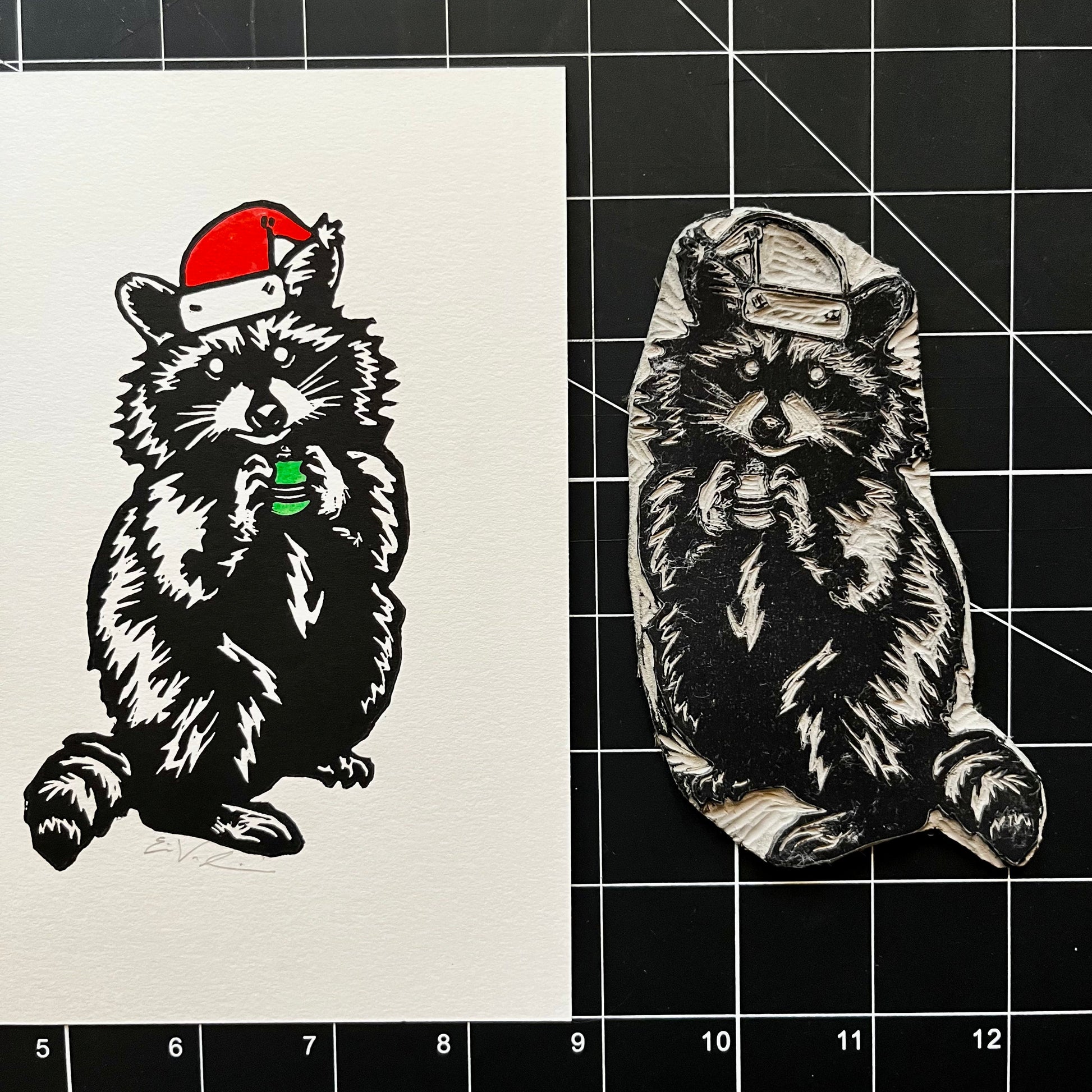 Pascal the Holiday Raccoon | Greeting Card | LINOCUT CARD