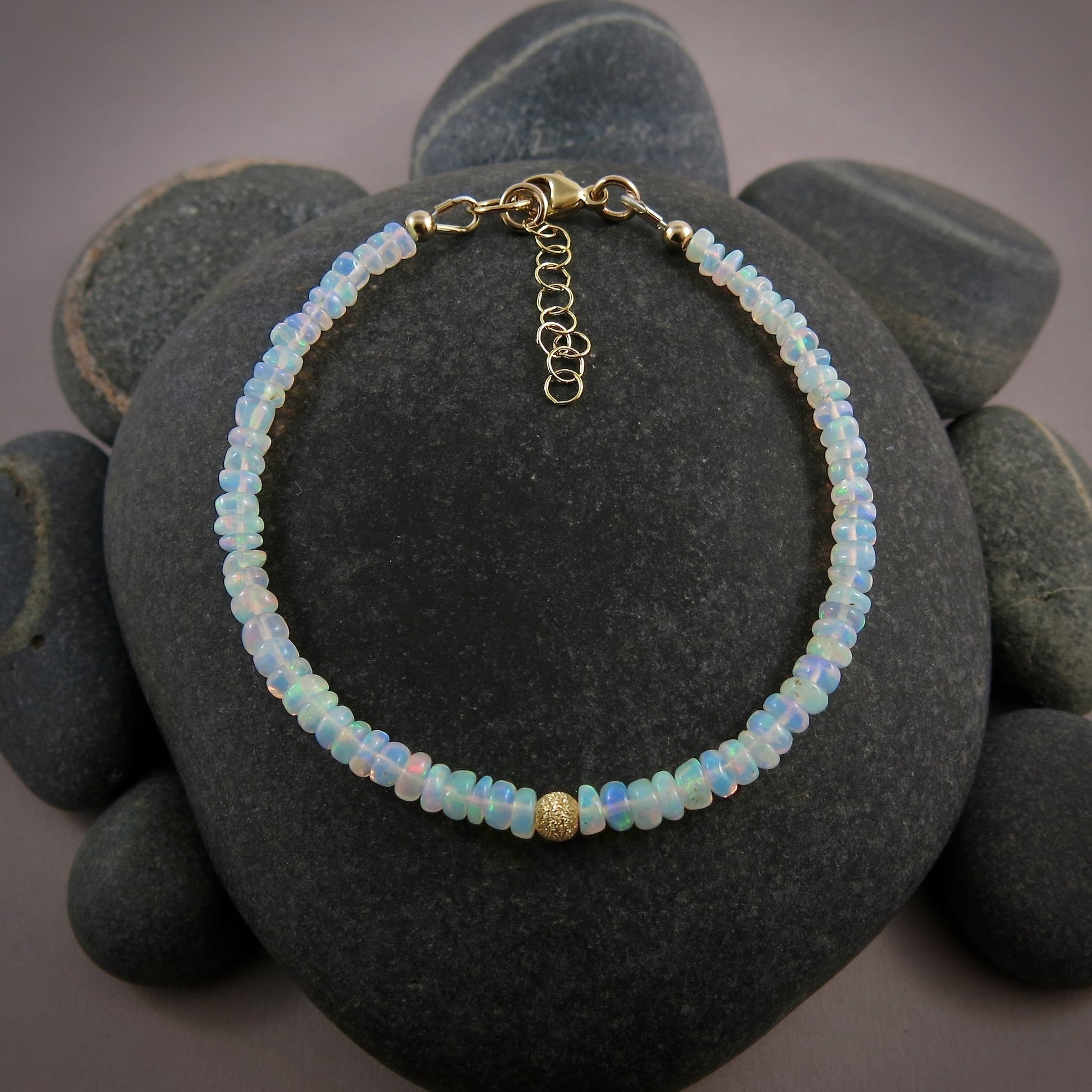 Adjustable Welo Opal Gemstone Bead Bracelet • 14K Gold Fill or Sterling Silver