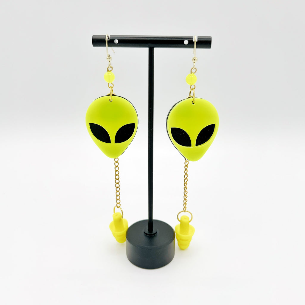 Boucles d'oreilles tête d'alien jaune fluorescentes UV – Style extra-terrestre et soutien sensoriel