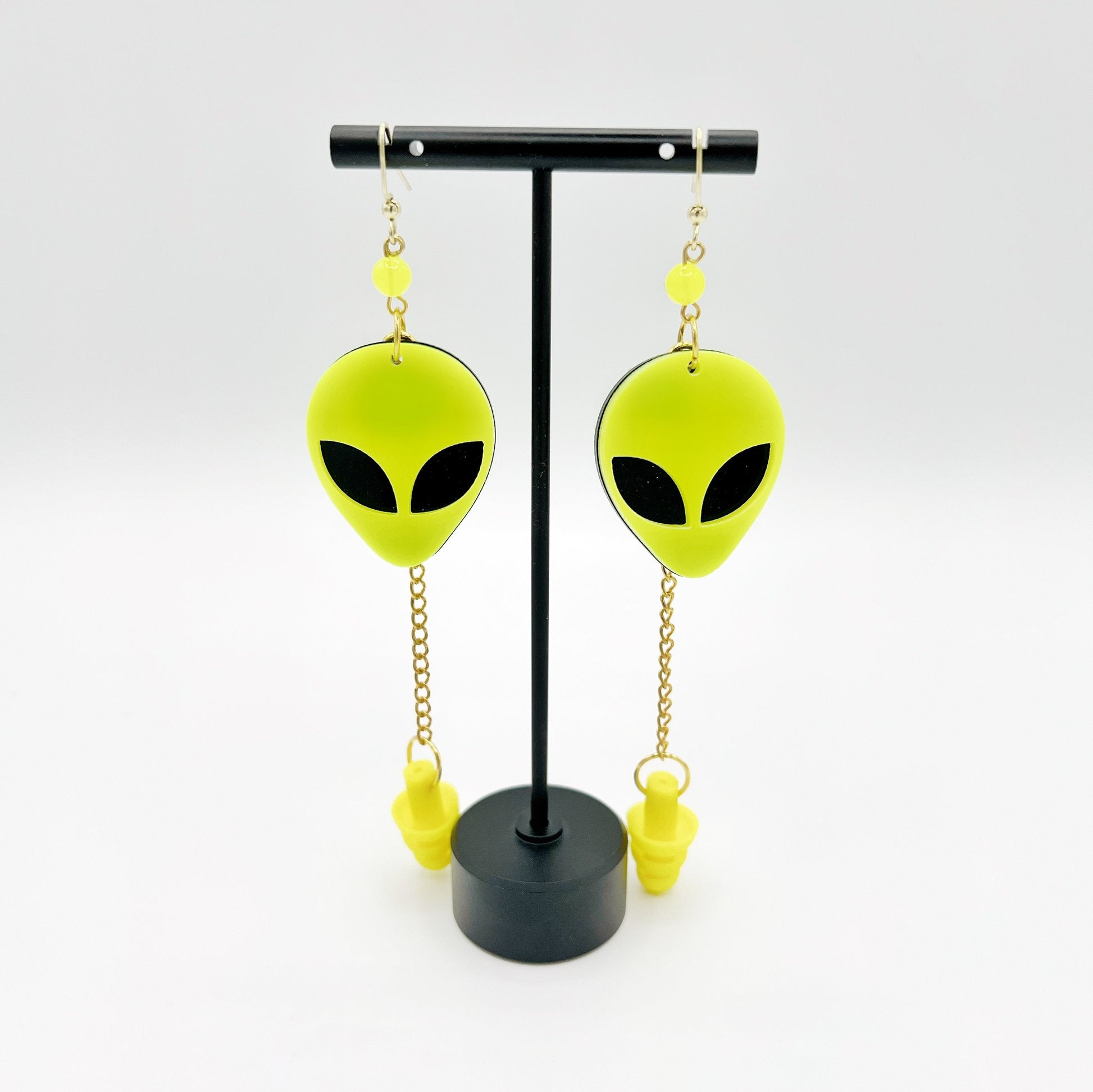 Yellow UV Glow Alien Head Ear Plug Earrings – Out-of-This-World Style & Sensory Support