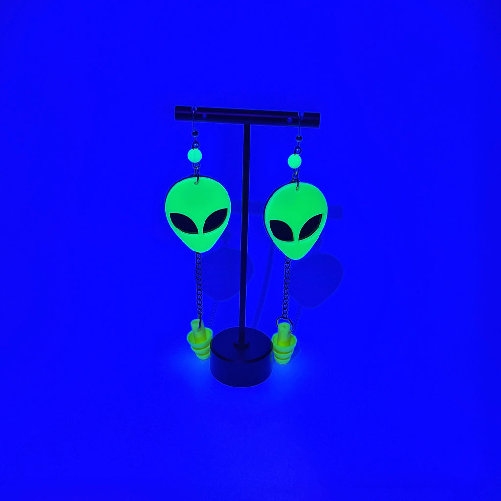 Boucles d'oreilles tête d'alien jaune fluorescentes UV – Style extra-terrestre et soutien sensoriel