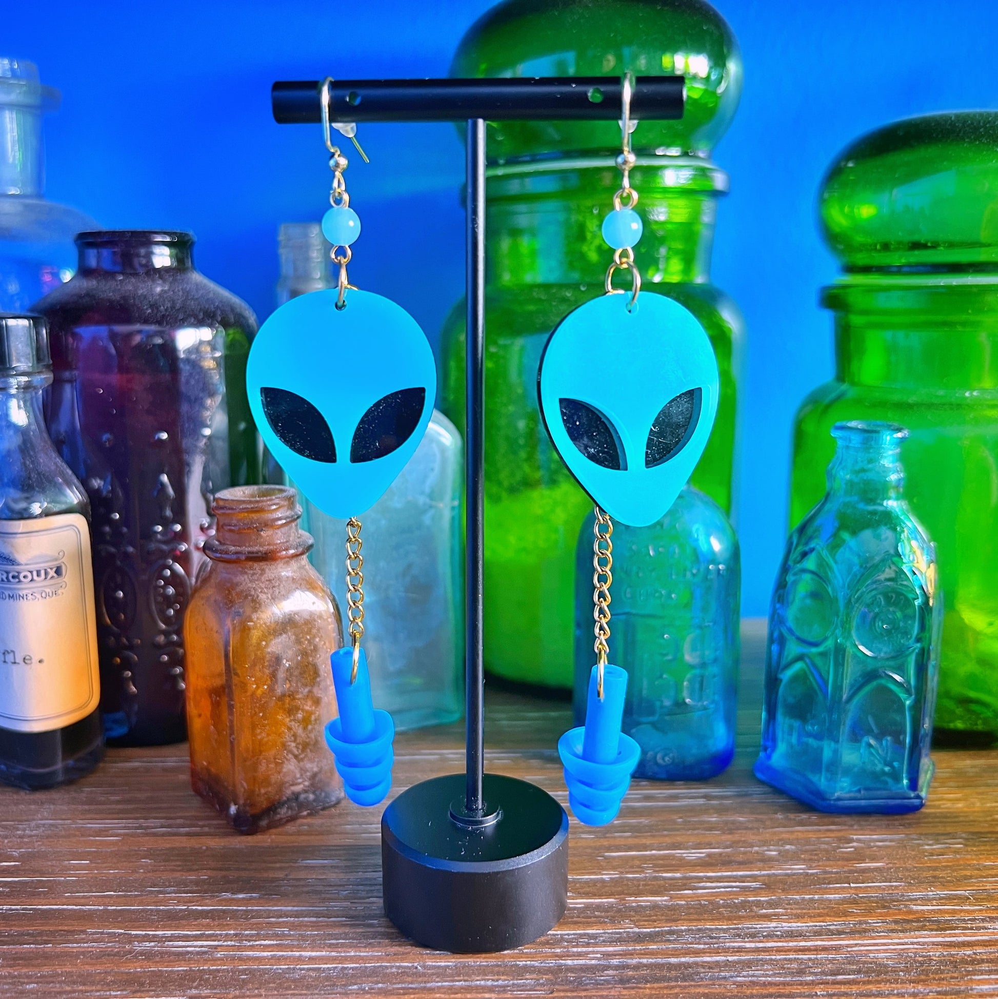 Boucles d'oreilles bouchons d'oreille tête d'alien bleu – Style extra-terrestre et soutien sensoriel 