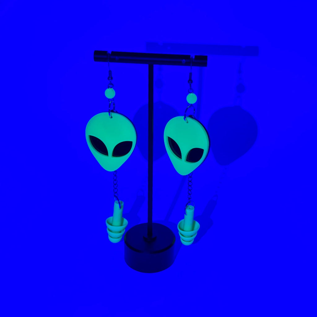 Boucles d'oreilles tête d'alien vertes fluorescentes UV – Style extra-terrestre et soutien sensoriel