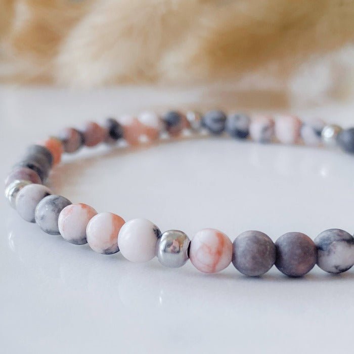 PINKY | Bracelet en jaspe zébrée rose et acier inoxydable