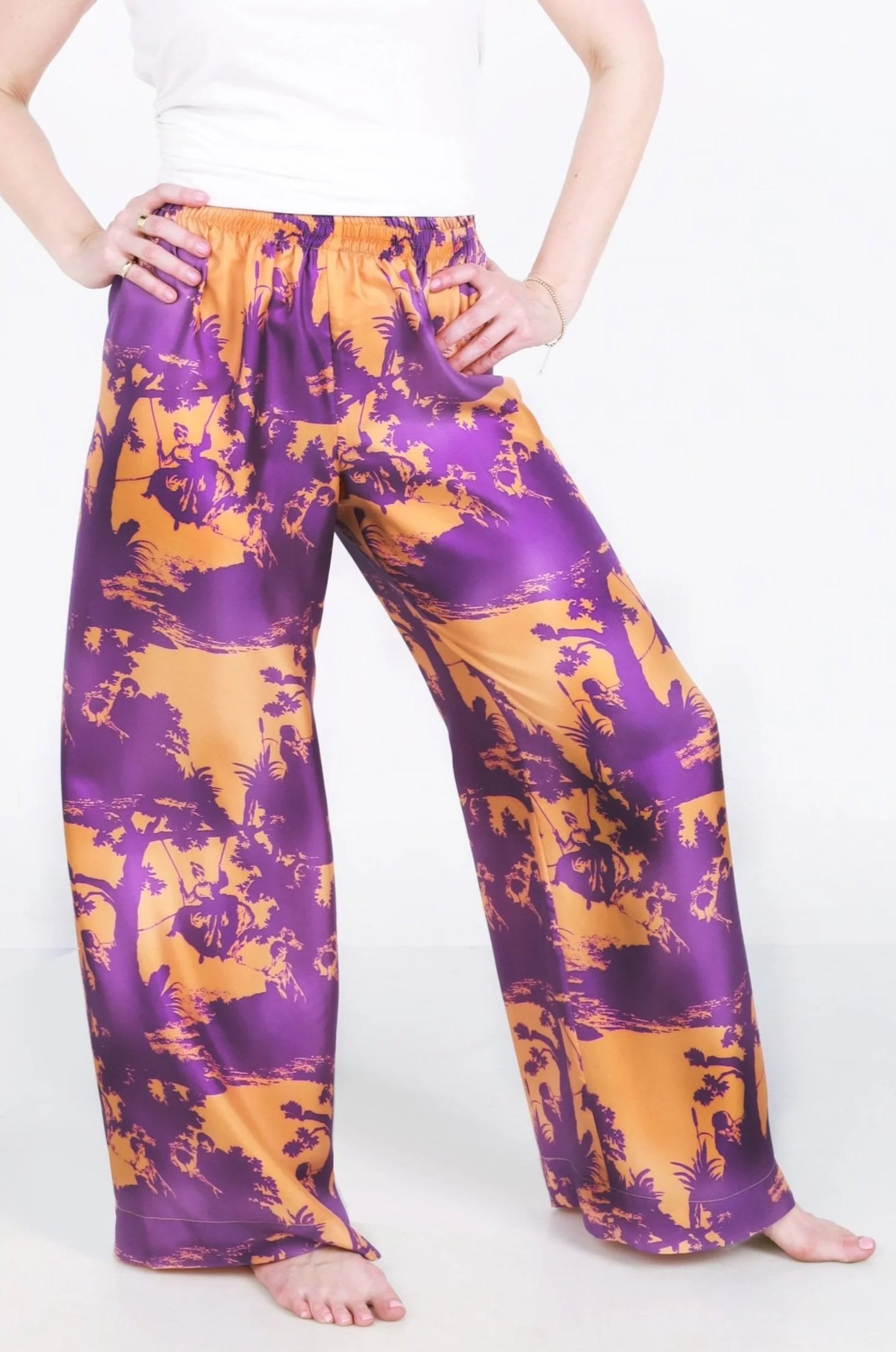 pop toile violet apricot silk pants