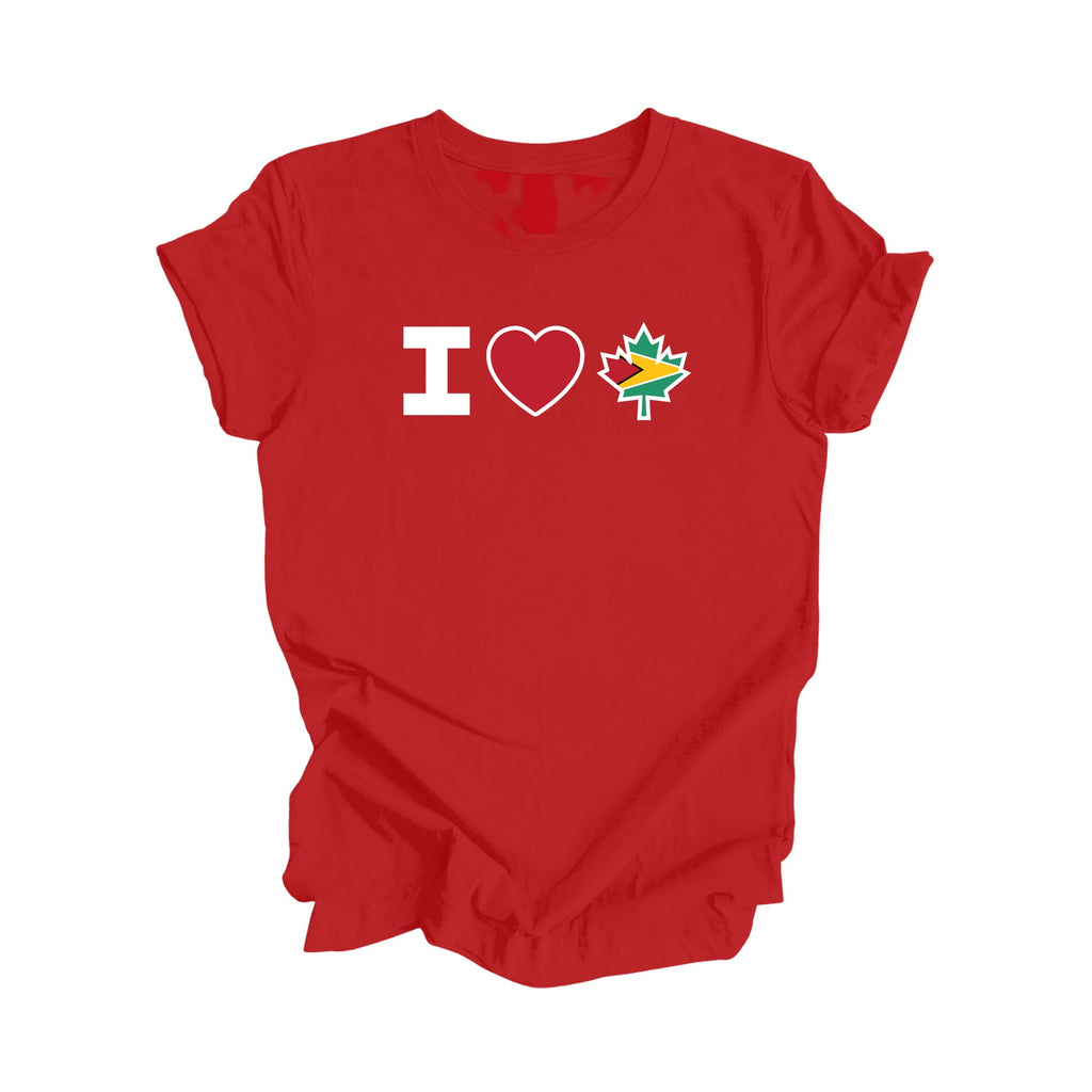 I Love Canada - Canadian Maple Leaf with Guyana Flag, Canadian Gift T-Shirt, Guyana Present, National Flag Tee Shirt - Inspired X