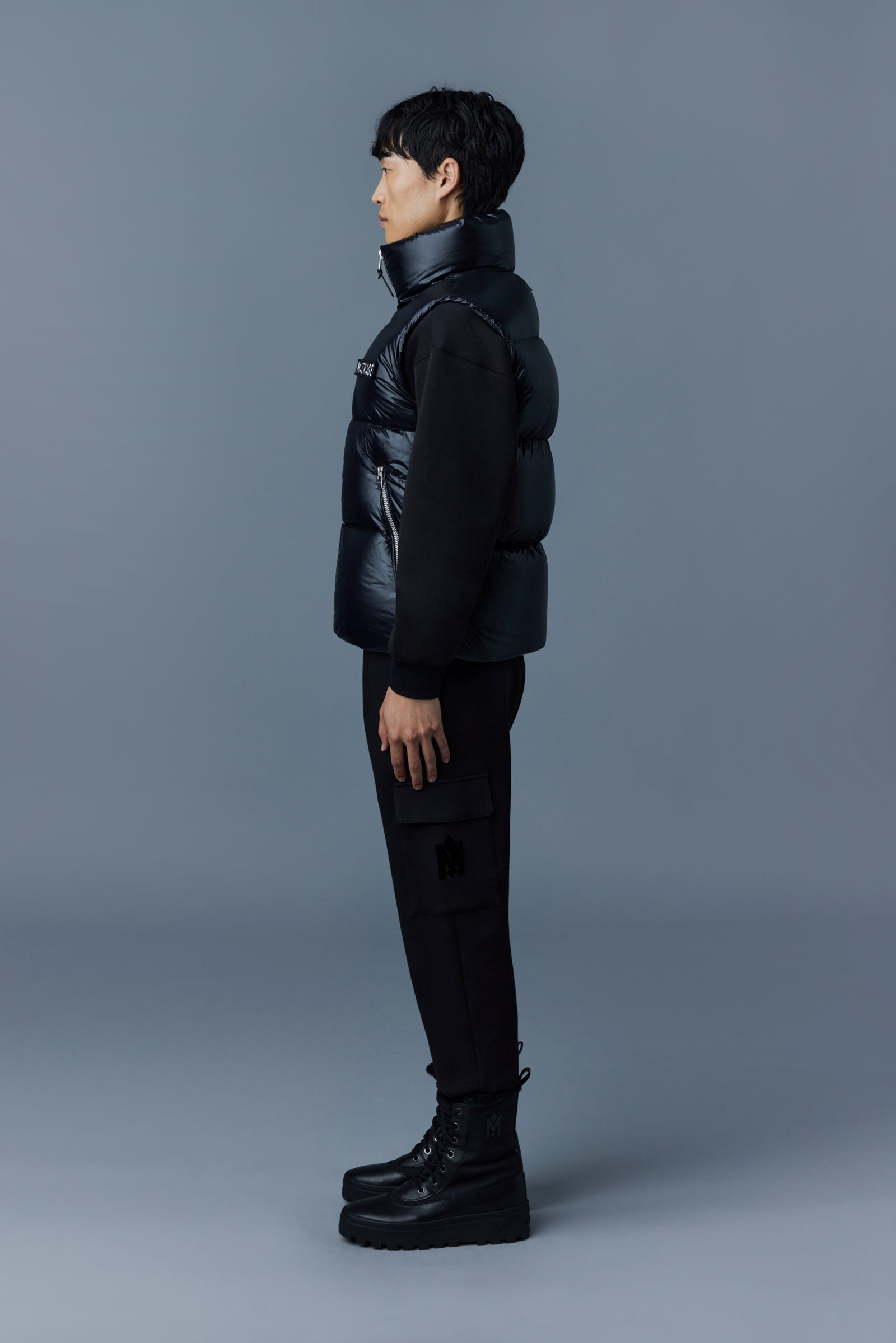 KANE lustrous light down vest with funnel collar