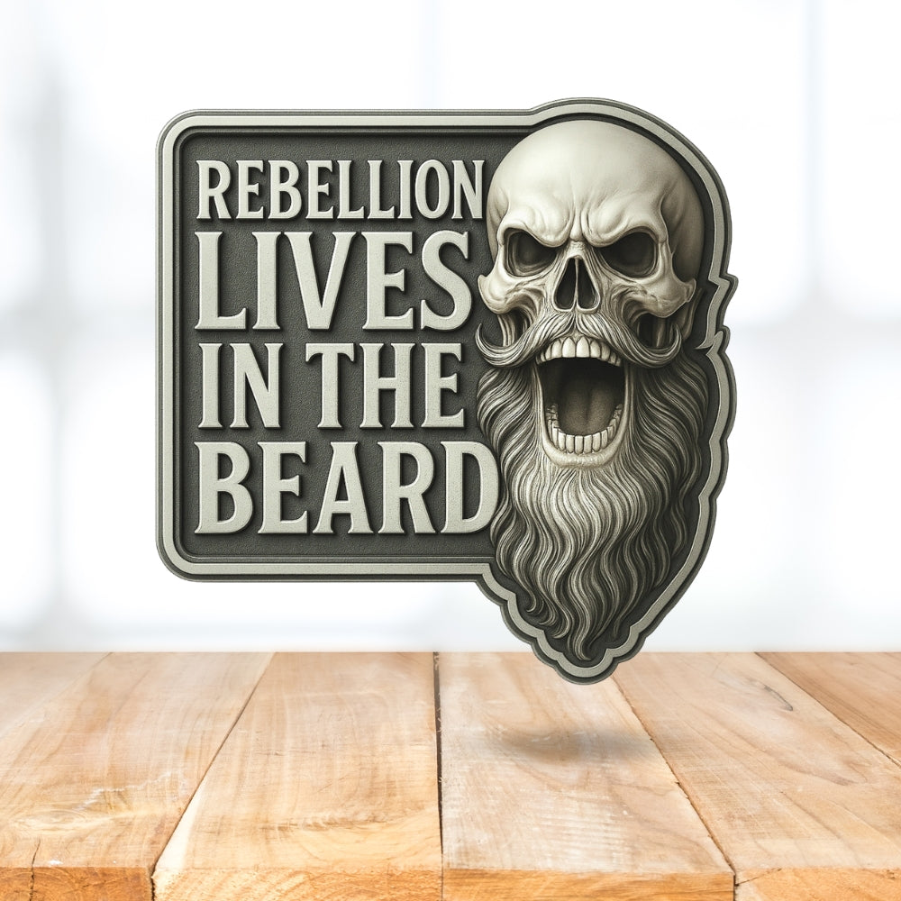 Autocollant « La rébellion vit dans la barbe » (25,4 cm x 25,4 cm) – Vinyle laminé de qualité supérieure | Motif crâne et barbe découpé | Autocollant résistant aux intempéries pour véhicule | Collection