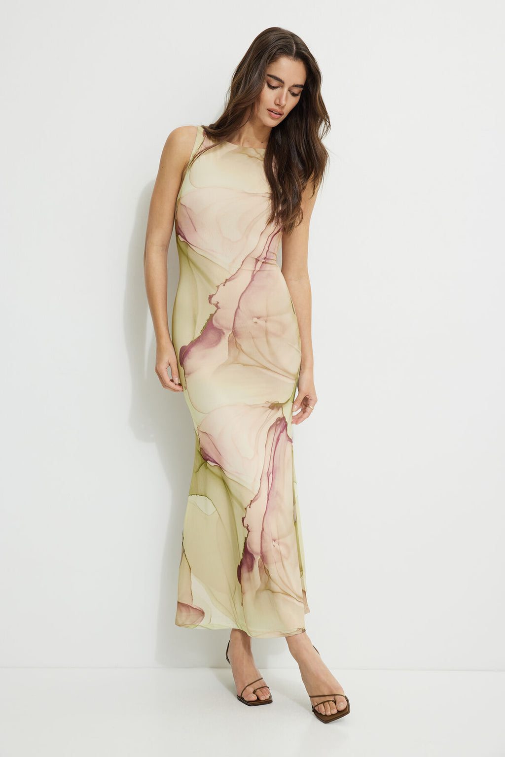 Boat Neck Mesh Maxi Dress