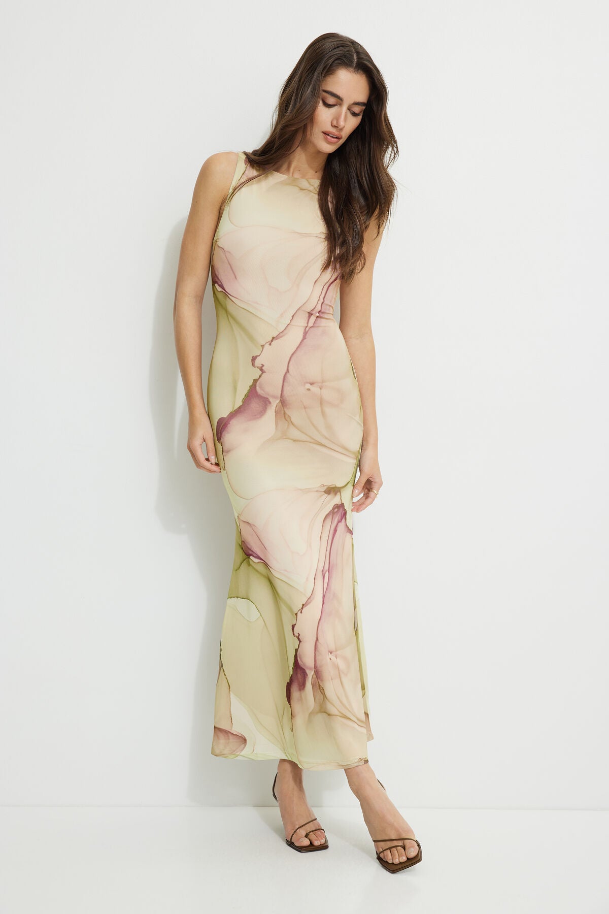 Boat Neck Mesh Maxi Dress