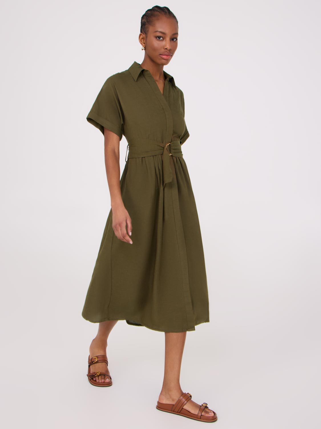 Robe chemise à manches chauve-souris en lin mélangé
