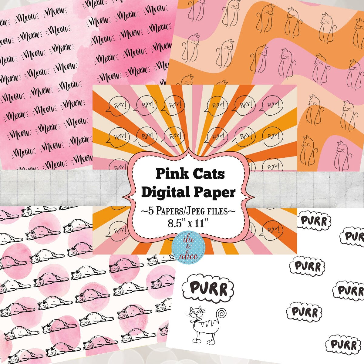 Digital Cat Junk Journal Paper-Pink-5 Papers