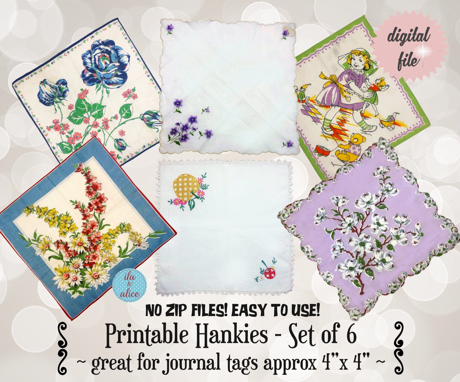 Pretty Digital Vintage Hankies-Set of 6 Cute Printable Hankies