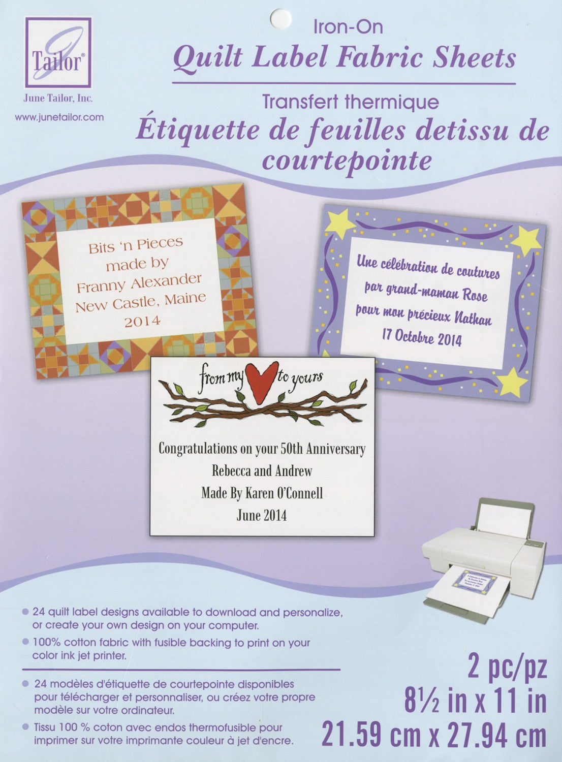 Feuilles de tissu thermocollantes pour étiquettes de courtepointe June Tailor, 8,5" x 11"