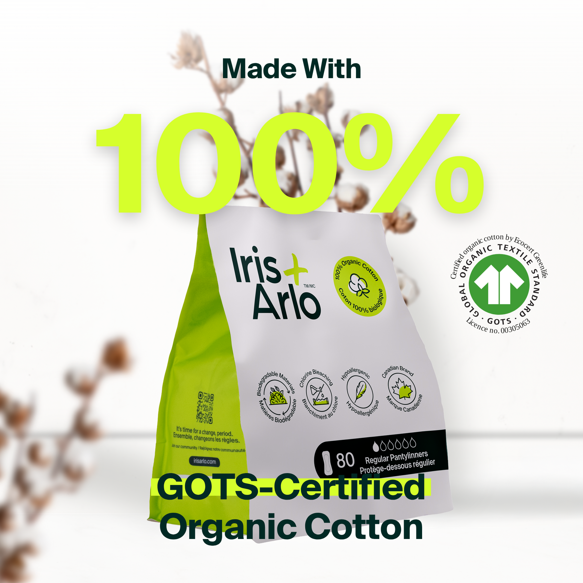 Lot de 80 protège-slips 100 % coton biologique - Sachet refermable