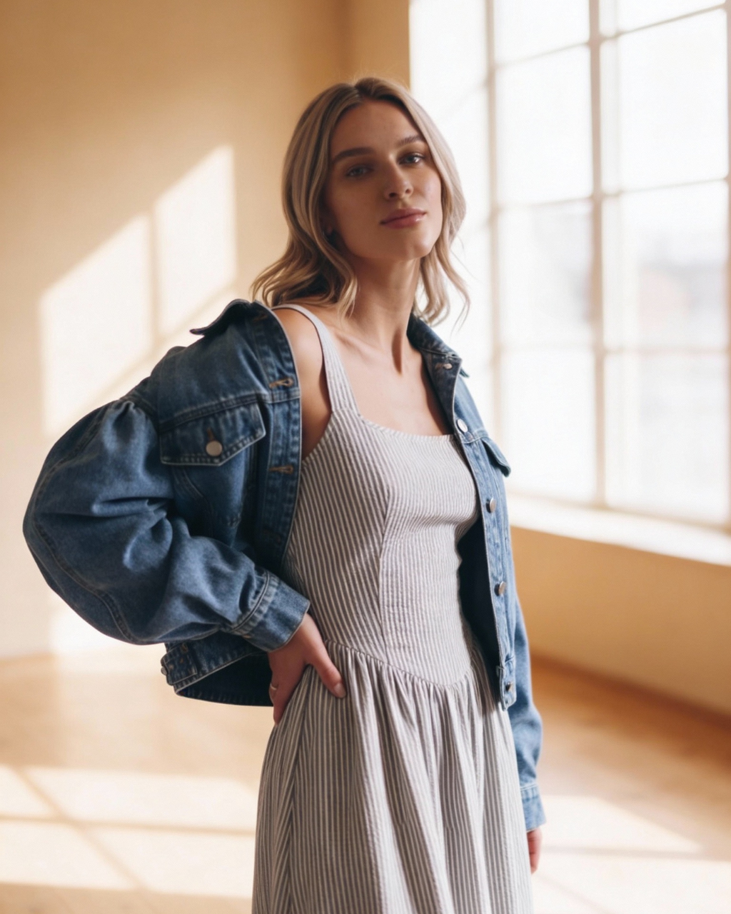 Roxanne - Women’s Cropped Pleated Sleeve Jacket Denim