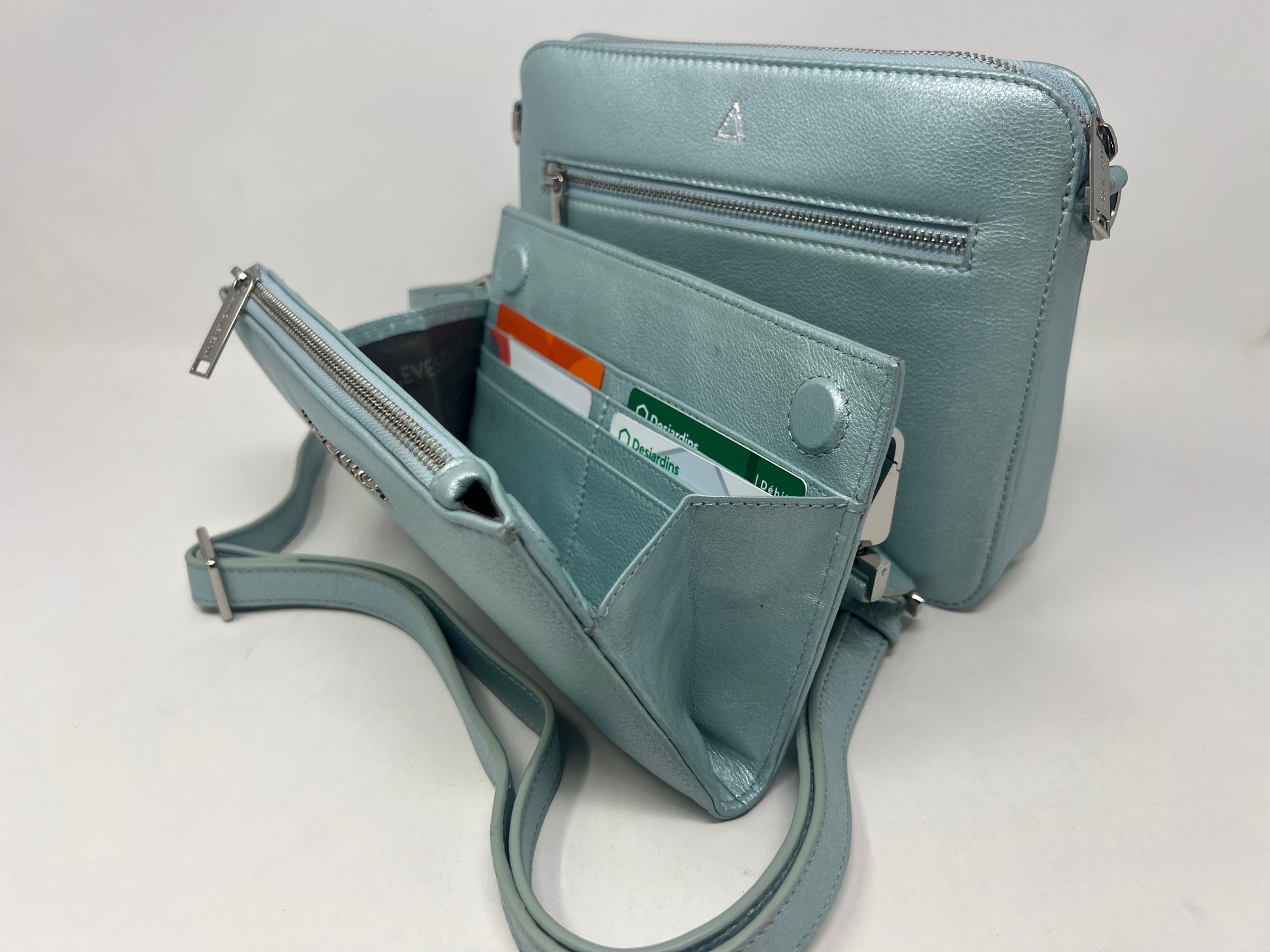 Petit Sac bandouillère 2 en 1 avec porte carte détachable en Cuir Bleu Céleste , Kennedi